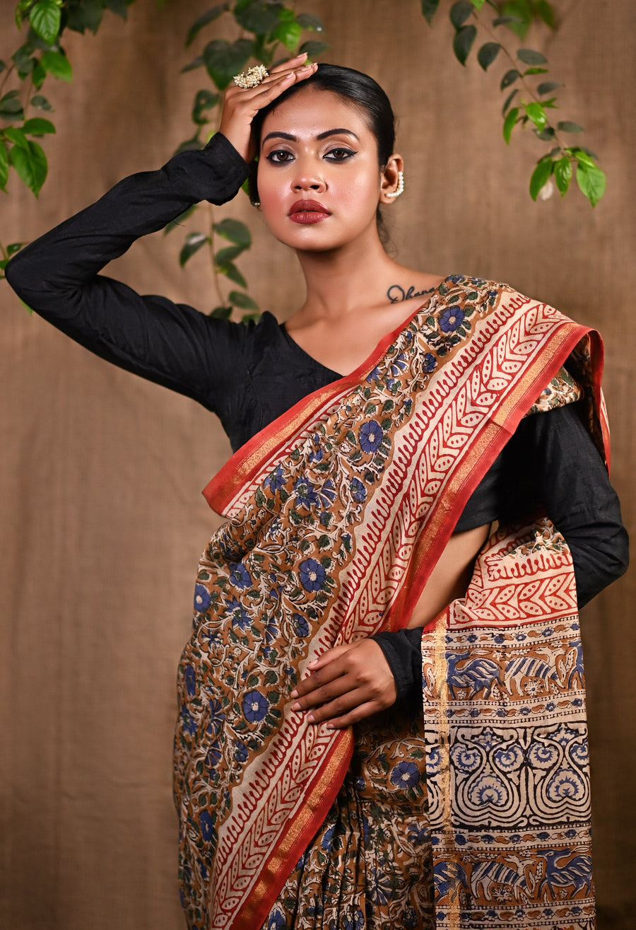 Brown Pure Bagru Kalamkari Printed Chanderi Sico Saree-UNM76668 - Pehnaawaa