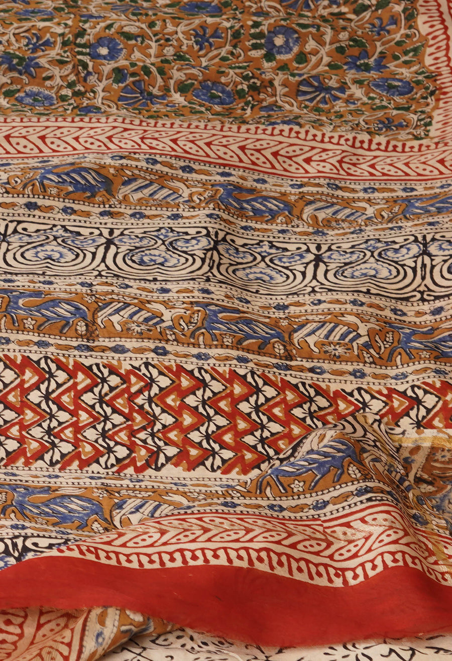 Brown Pure Bagru Kalamkari Printed Chanderi Sico Saree-UNM76668 - Pehnaawaa