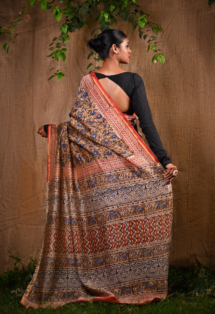 Brown Pure Bagru Kalamkari Printed Chanderi Sico Saree-UNM76668 - Pehnaawaa