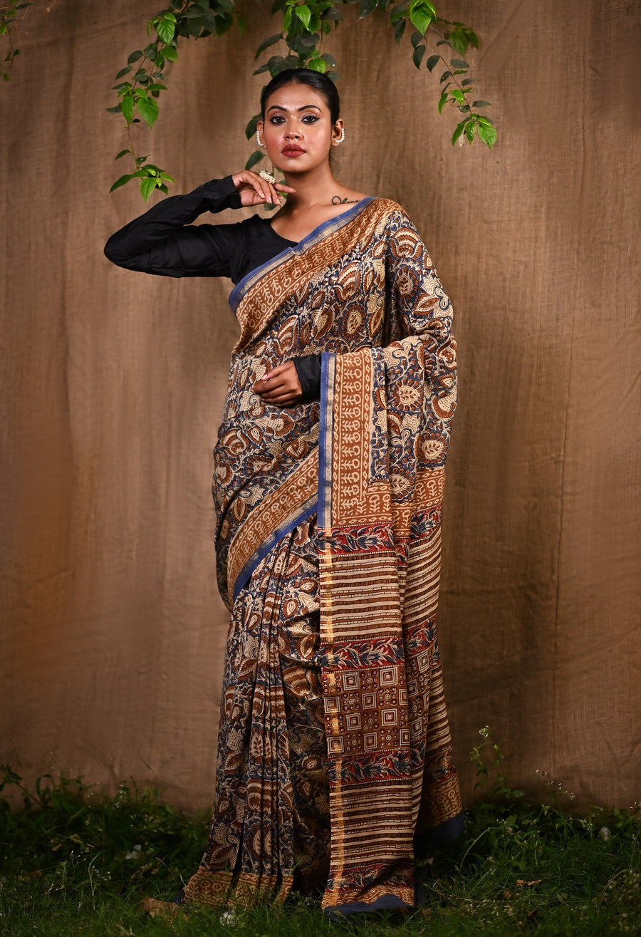 Blue Pure Bagru Kalamkari Printed Chanderi Sico Saree-UNM76670 - Pehnaawaa