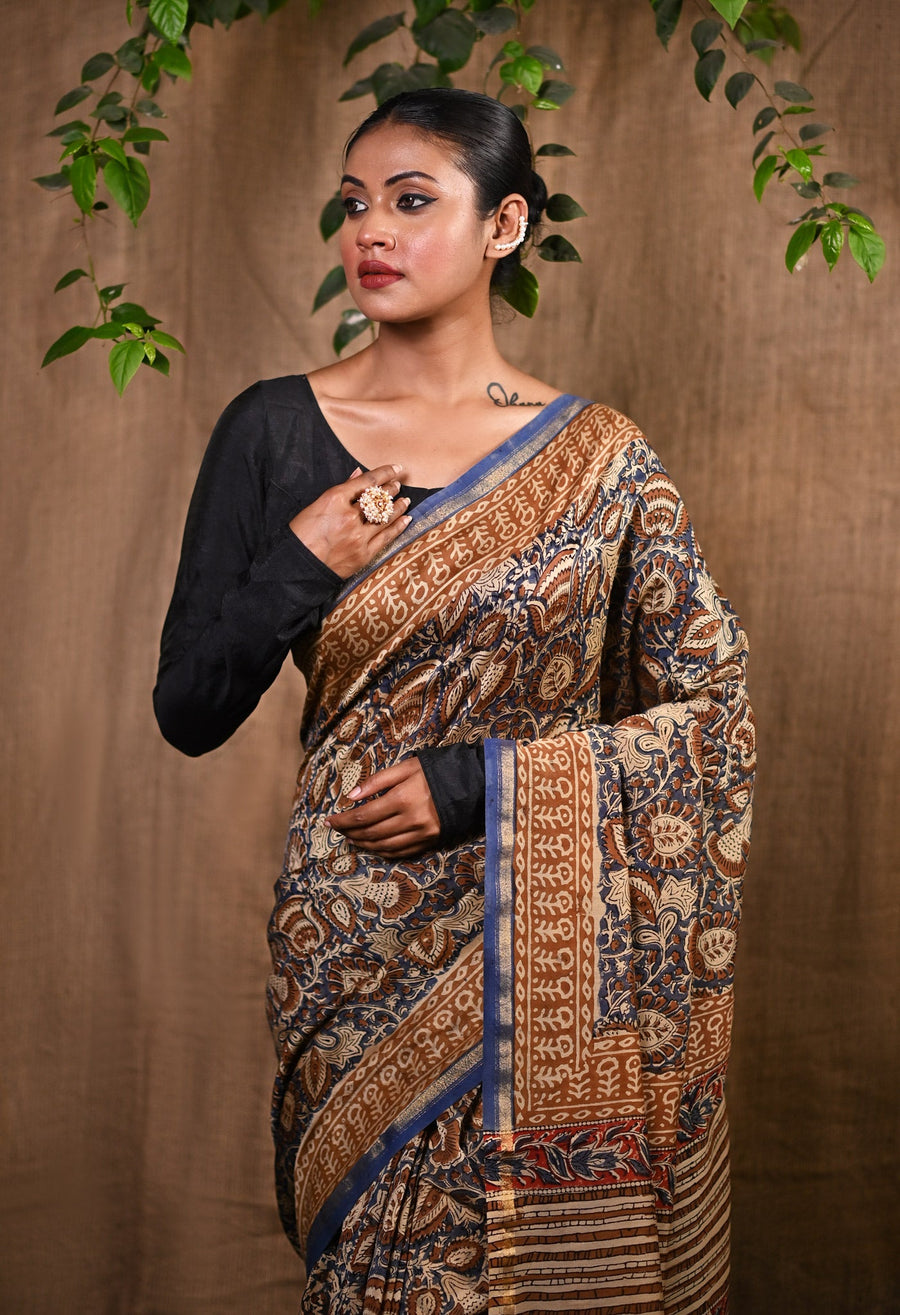 Blue Pure Bagru Kalamkari Printed Chanderi Sico Saree-UNM76670 - Pehnaawaa