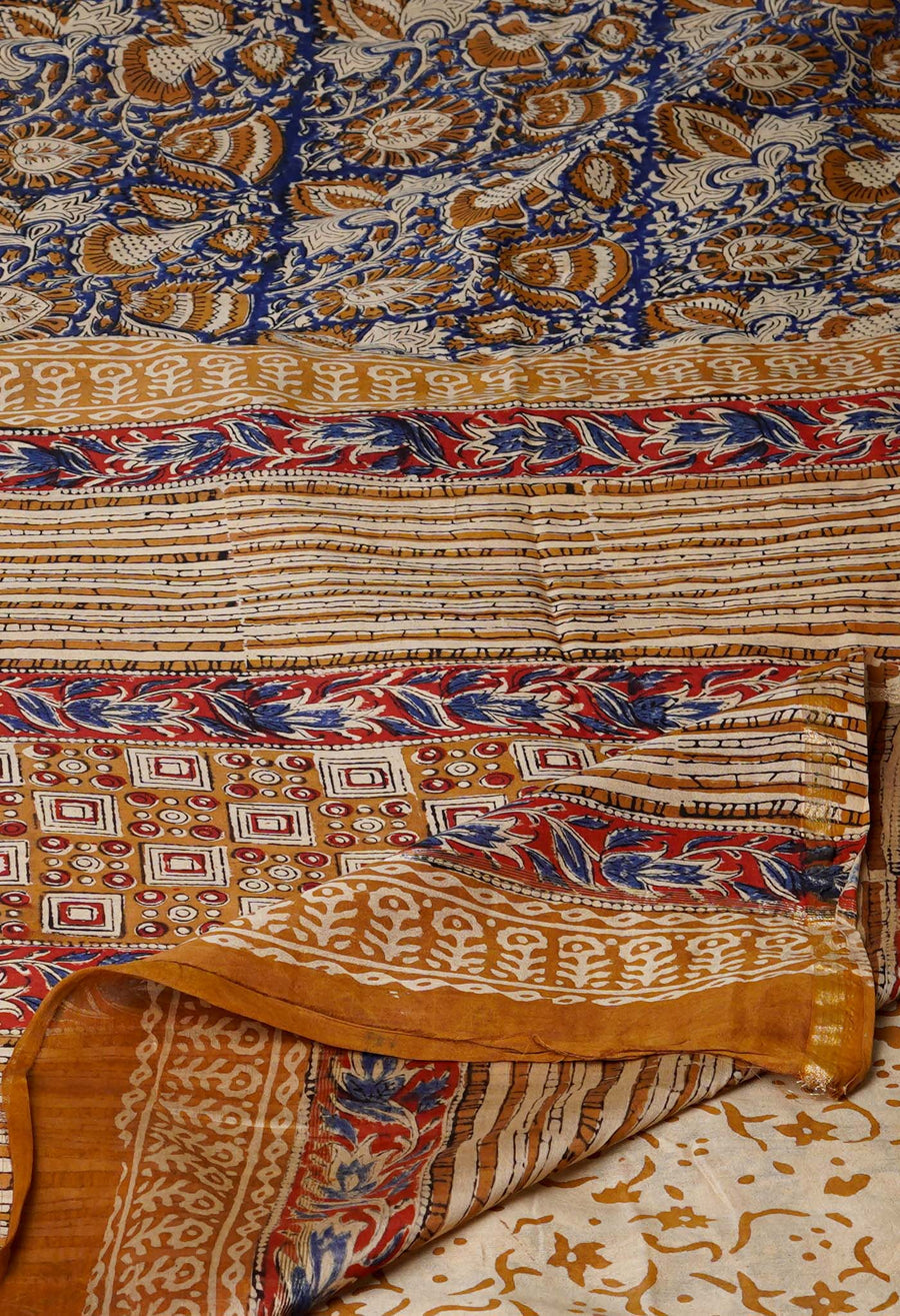 Blue Pure Bagru Kalamkari Printed Chanderi Sico Saree-UNM76670 - Pehnaawaa