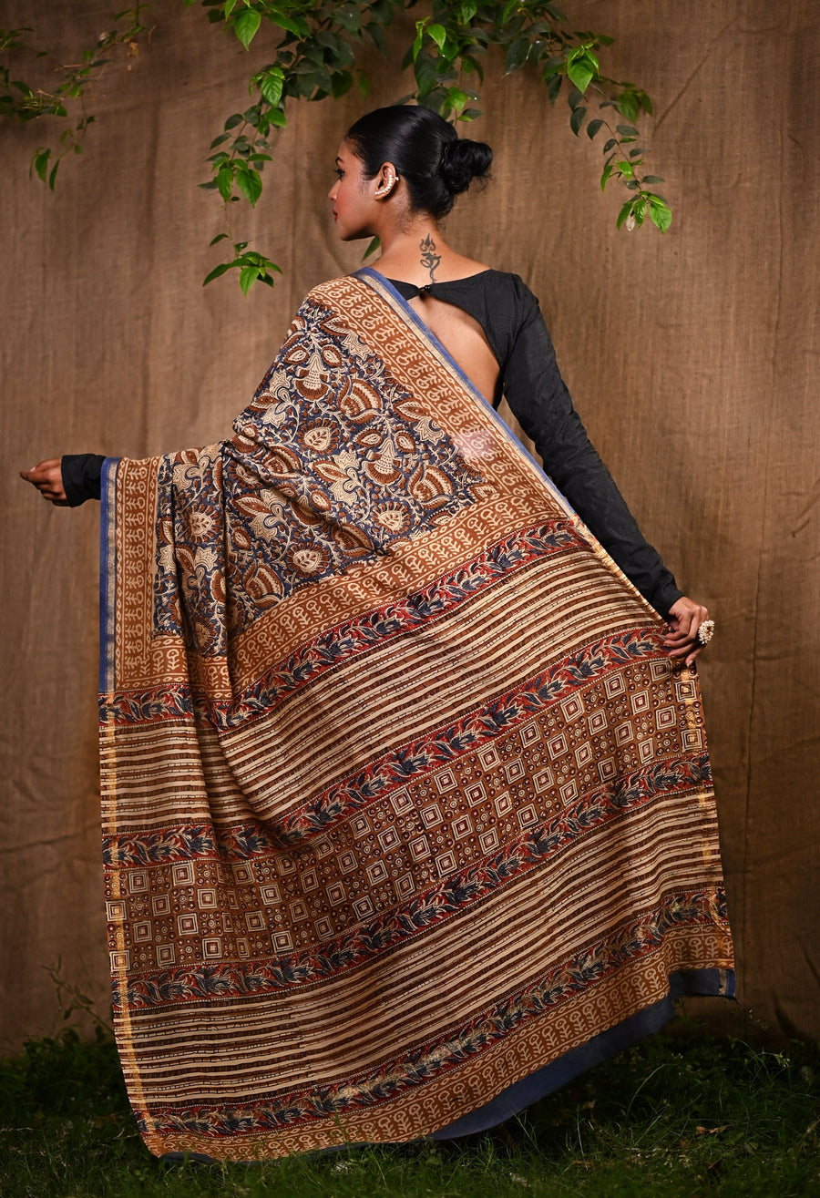 Blue Pure Bagru Kalamkari Printed Chanderi Sico Saree-UNM76670 - Pehnaawaa