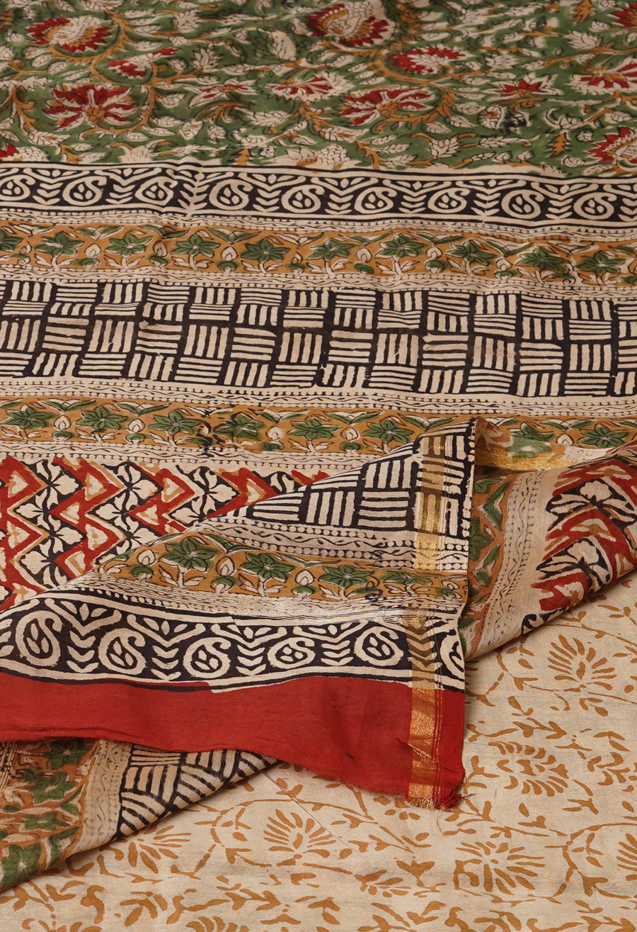 Green Pure Bagru Kalamkari Printed Chanderi Sico Saree-UNM76671 - Pehnaawaa