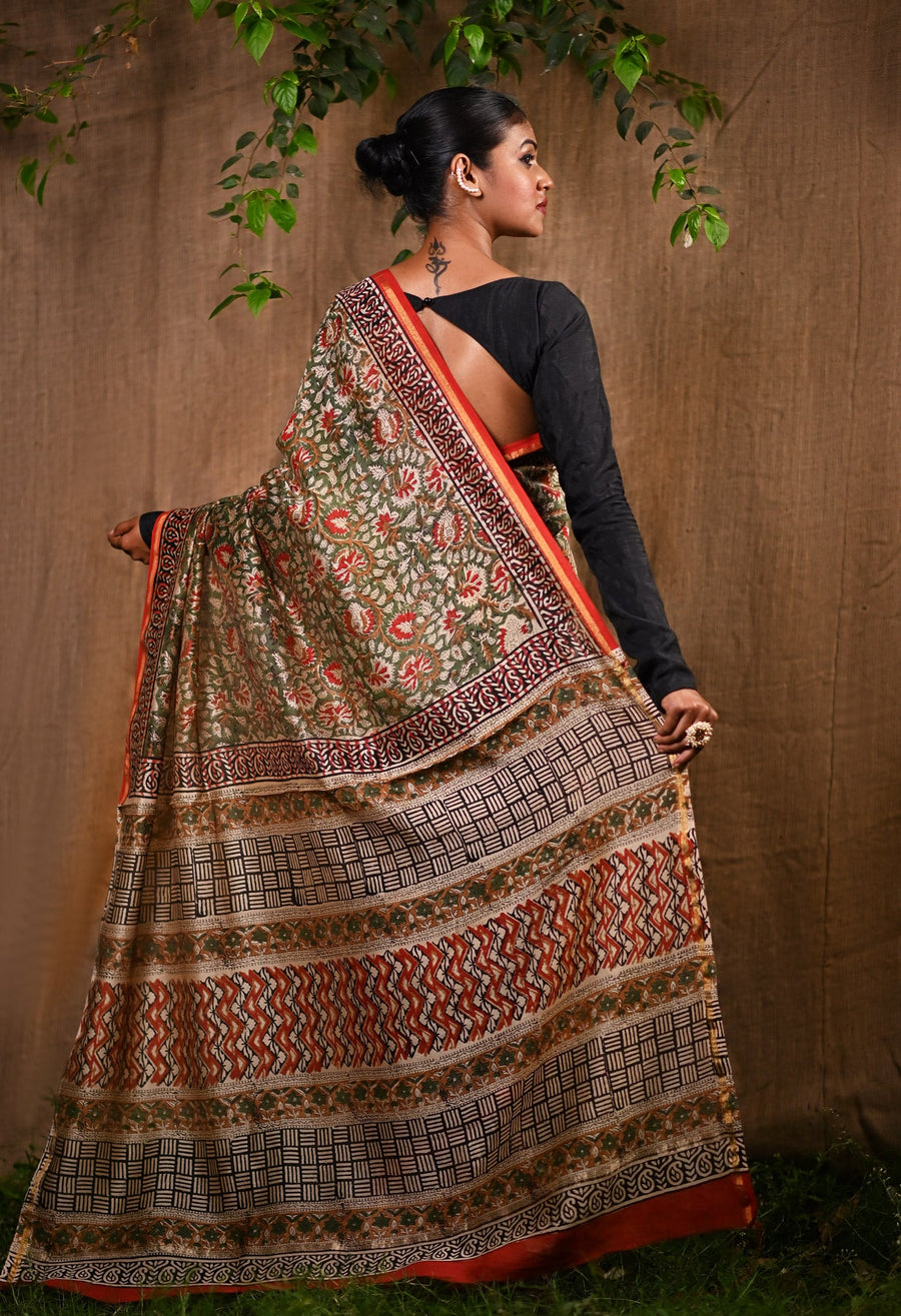 Green Pure Bagru Kalamkari Printed Chanderi Sico Saree-UNM76671 - Pehnaawaa