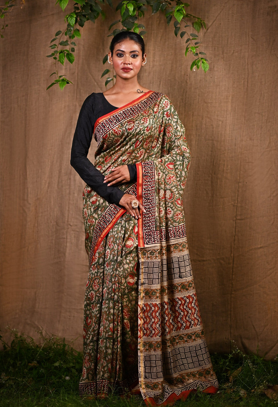 Green Pure Bagru Kalamkari Printed Chanderi Sico Saree-UNM76671 - Pehnaawaa