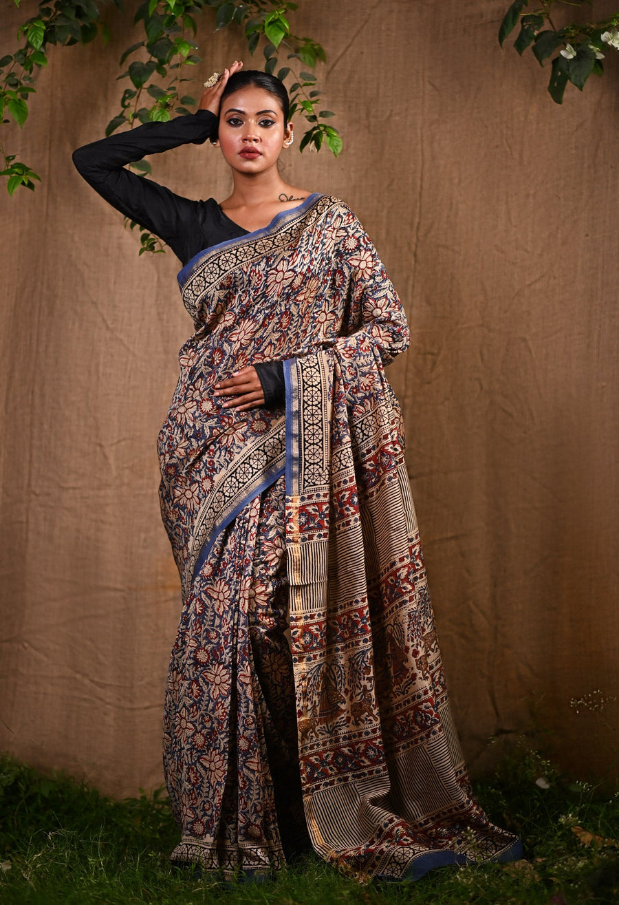 Blue Pure Bagru Kalamkari Printed Chanderi Sico Saree-UNM76676 - Pehnaawaa