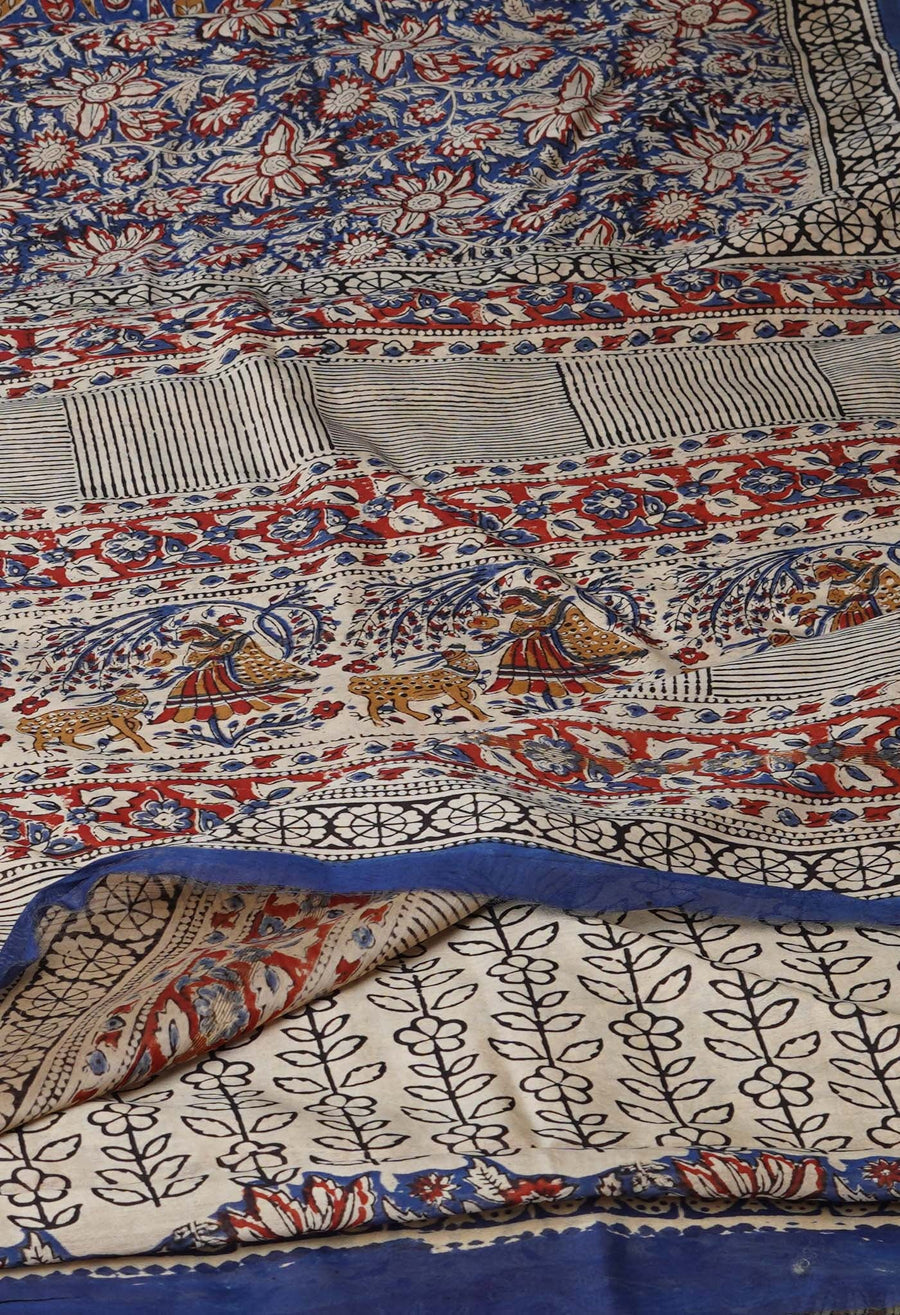 Blue Pure Bagru Kalamkari Printed Chanderi Sico Saree-UNM76676 - Pehnaawaa