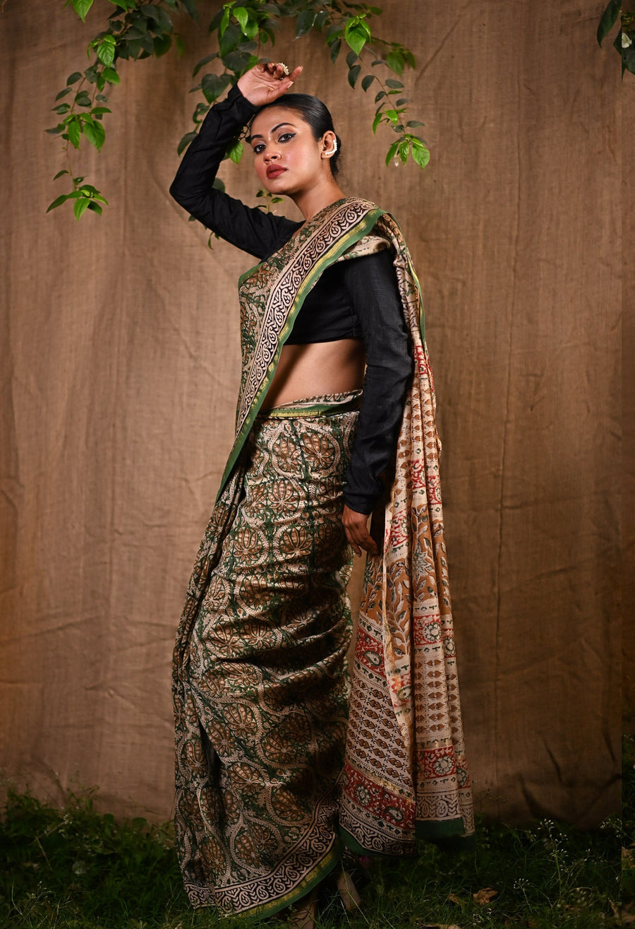 Green Pure Bagru Kalamkari Printed Chanderi Sico Saree-UNM77120 - Pehnaawaa