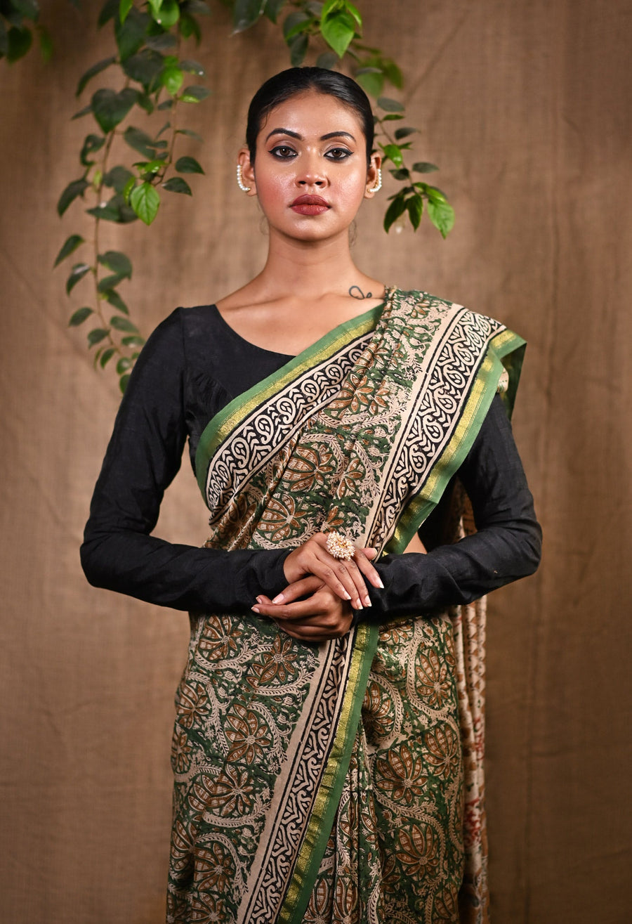 Green Pure Bagru Kalamkari Printed Chanderi Sico Saree-UNM77120 - Pehnaawaa