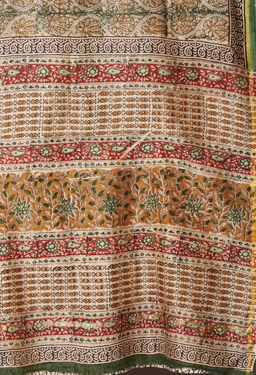 Green Pure Bagru Kalamkari Printed Chanderi Sico Saree-UNM77120 - Pehnaawaa
