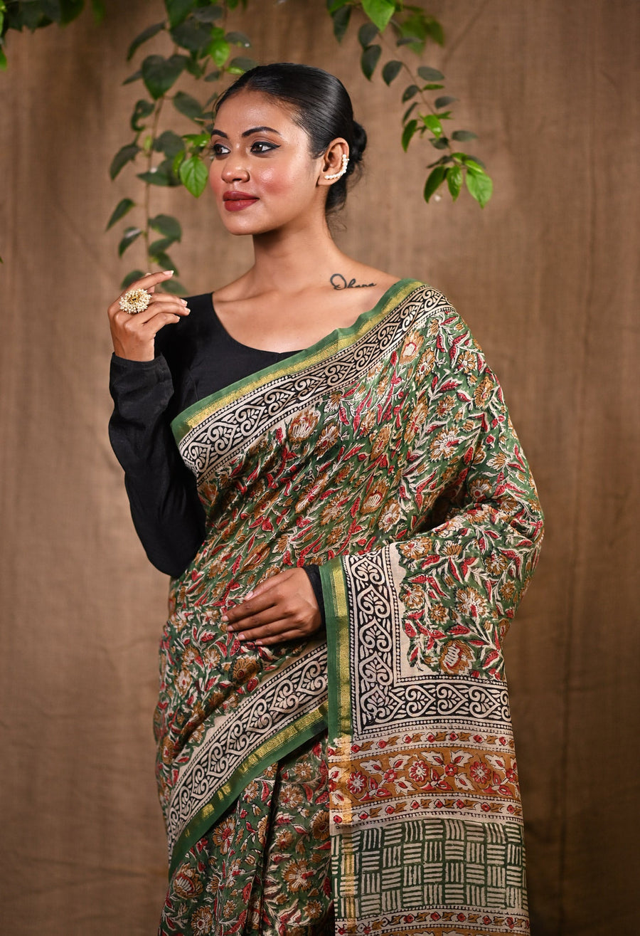 Green Pure Bagru Kalamkari Printed Chanderi Sico Saree-UNM77122 - Pehnaawaa