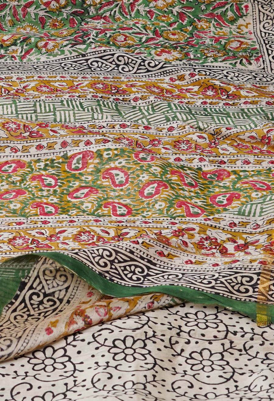 Green Pure Bagru Kalamkari Printed Chanderi Sico Saree-UNM77122 - Pehnaawaa