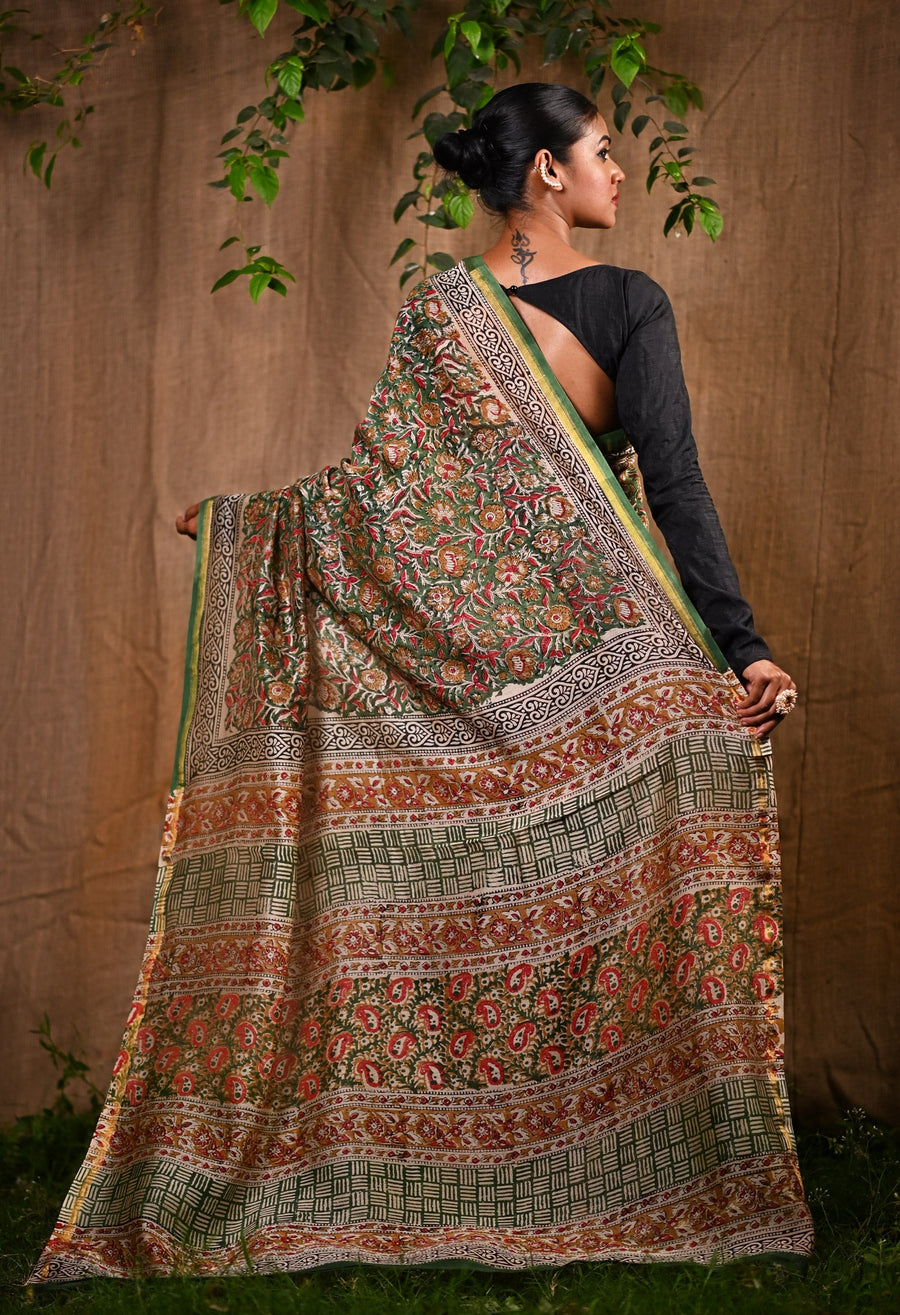 Green Pure Bagru Kalamkari Printed Chanderi Sico Saree-UNM77122 - Pehnaawaa