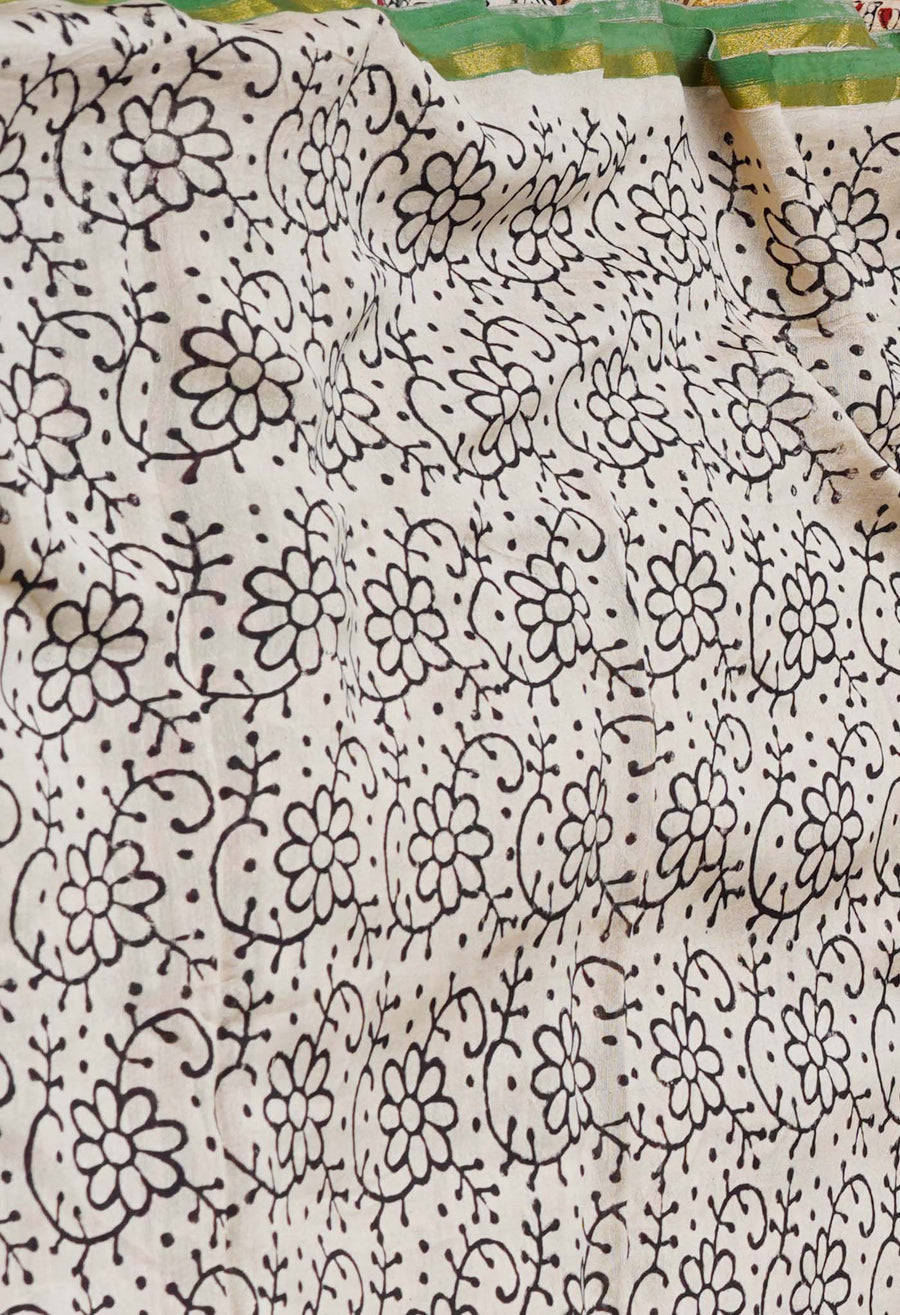 Green Pure Bagru Kalamkari Printed Chanderi Sico Saree-UNM77122 - Pehnaawaa