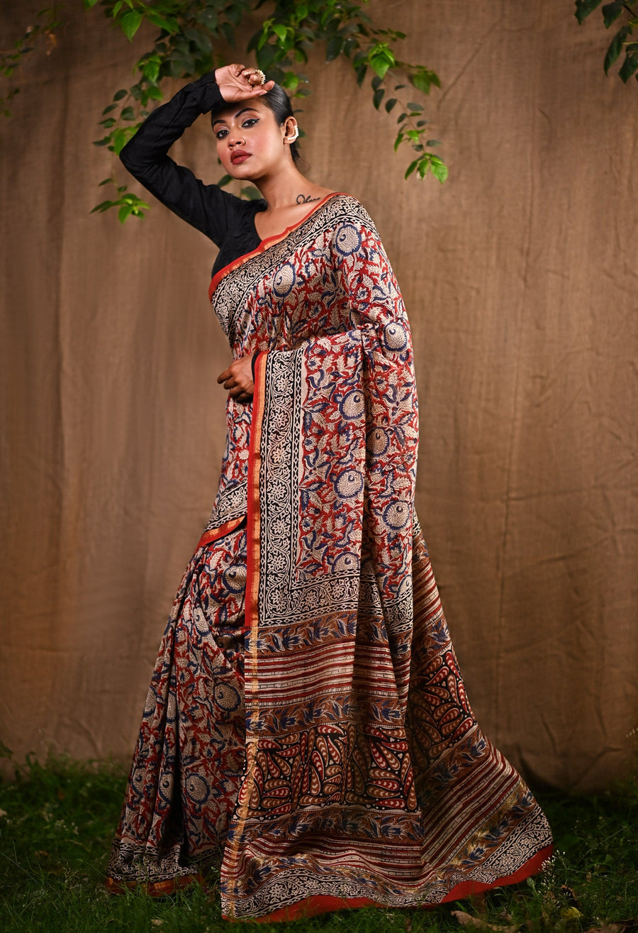 Red Pure Bagru Kalamkari Printed Chanderi Sico Saree-UNM77123 - Pehnaawaa