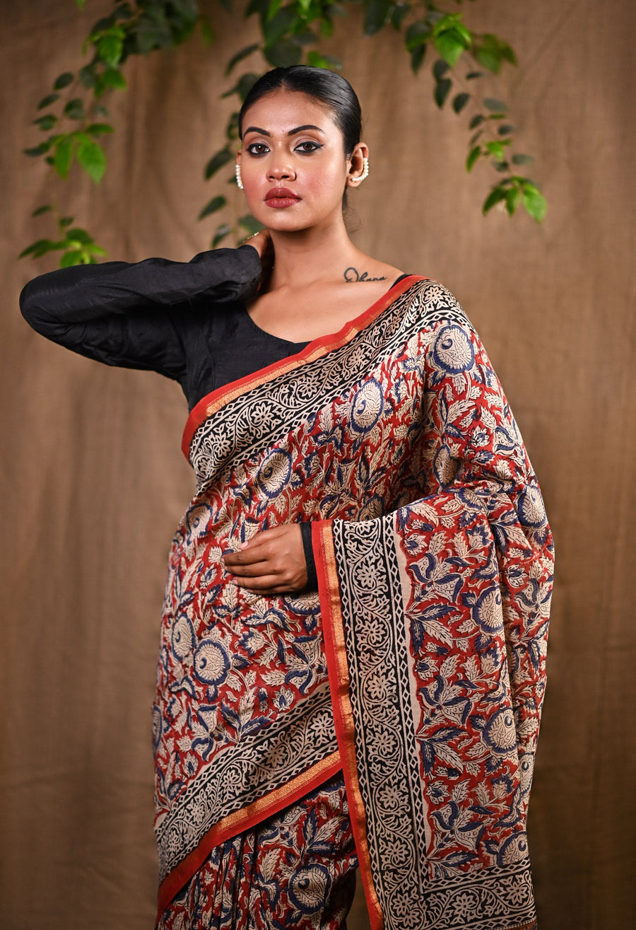Red Pure Bagru Kalamkari Printed Chanderi Sico Saree-UNM77123 - Pehnaawaa