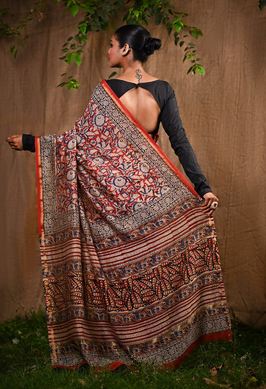 Red Pure Bagru Kalamkari Printed Chanderi Sico Saree-UNM77123 - Pehnaawaa