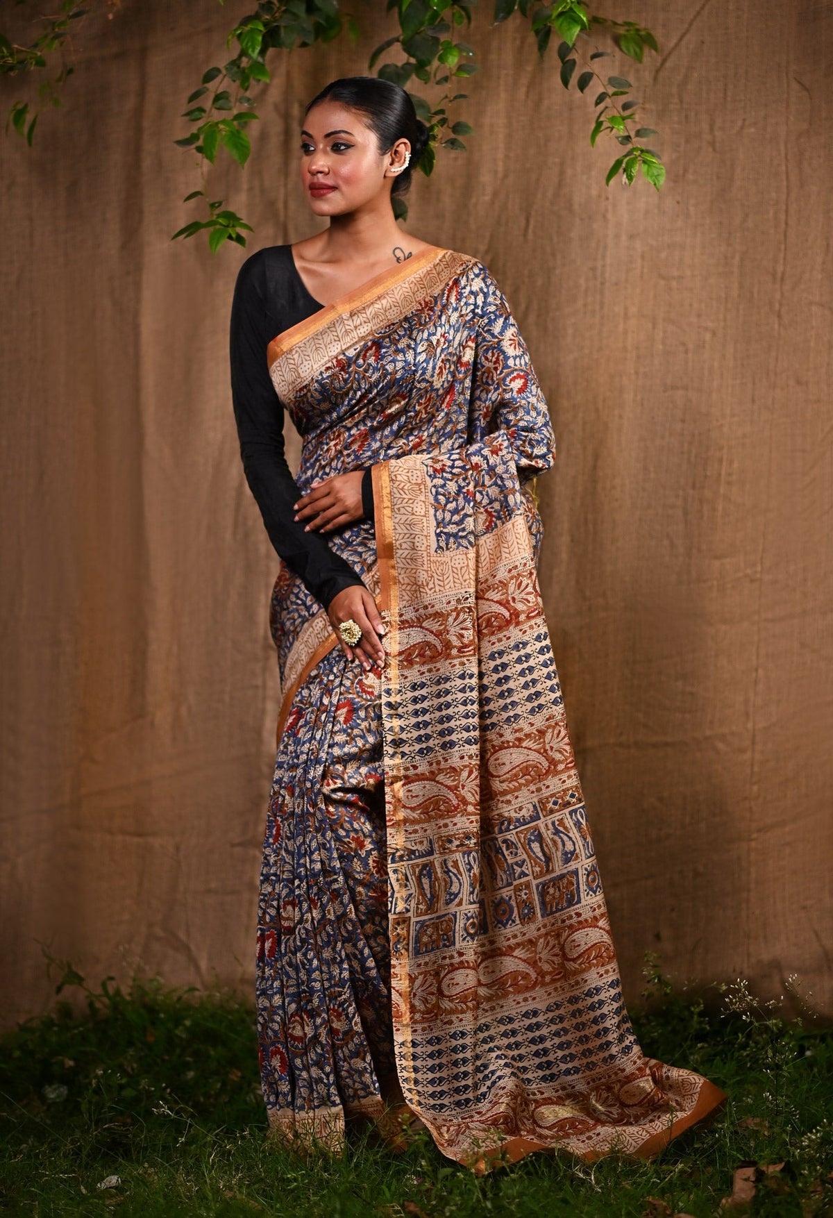 Blue Pure Bagru Kalamkari Printed Chanderi Sico Saree-UNM77124