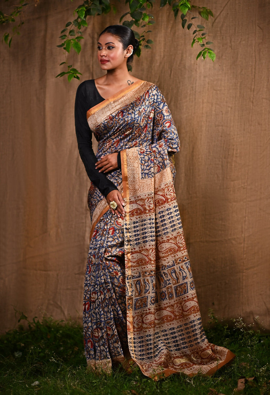 Blue Pure Bagru Kalamkari Printed Chanderi Sico Saree-UNM77124 - Pehnaawaa