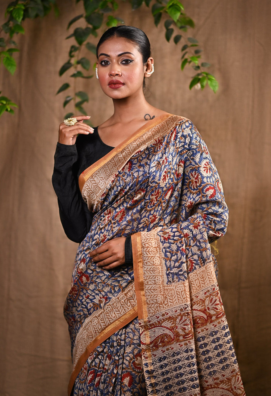Blue Pure Bagru Kalamkari Printed Chanderi Sico Saree-UNM77124 - Pehnaawaa