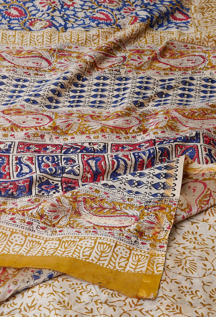 Blue Pure Bagru Kalamkari Printed Chanderi Sico Saree-UNM77124 - Pehnaawaa