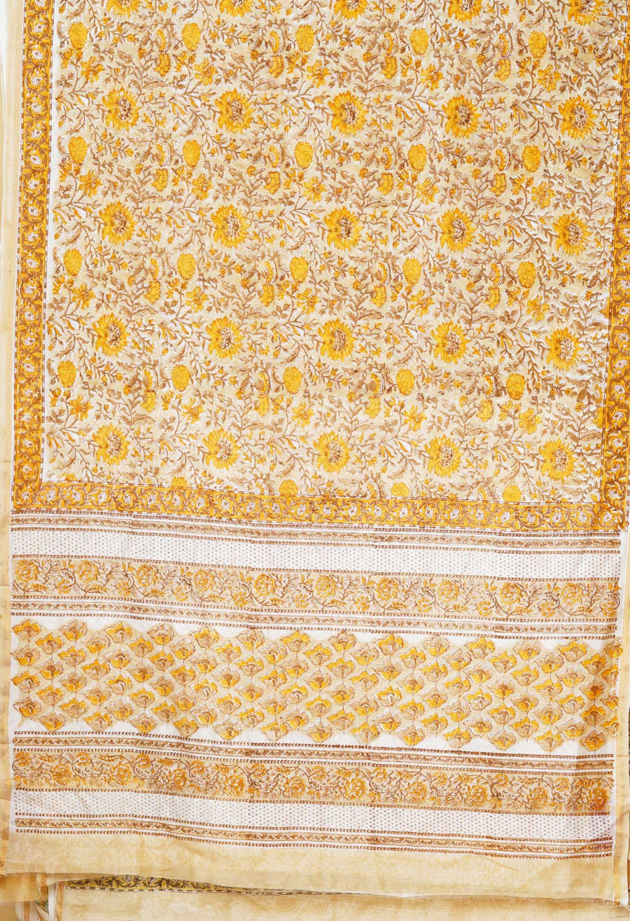 Cream Pure Hand Block Printed Chanderi Sico Saree-UNM77944 - Pehnaawaa