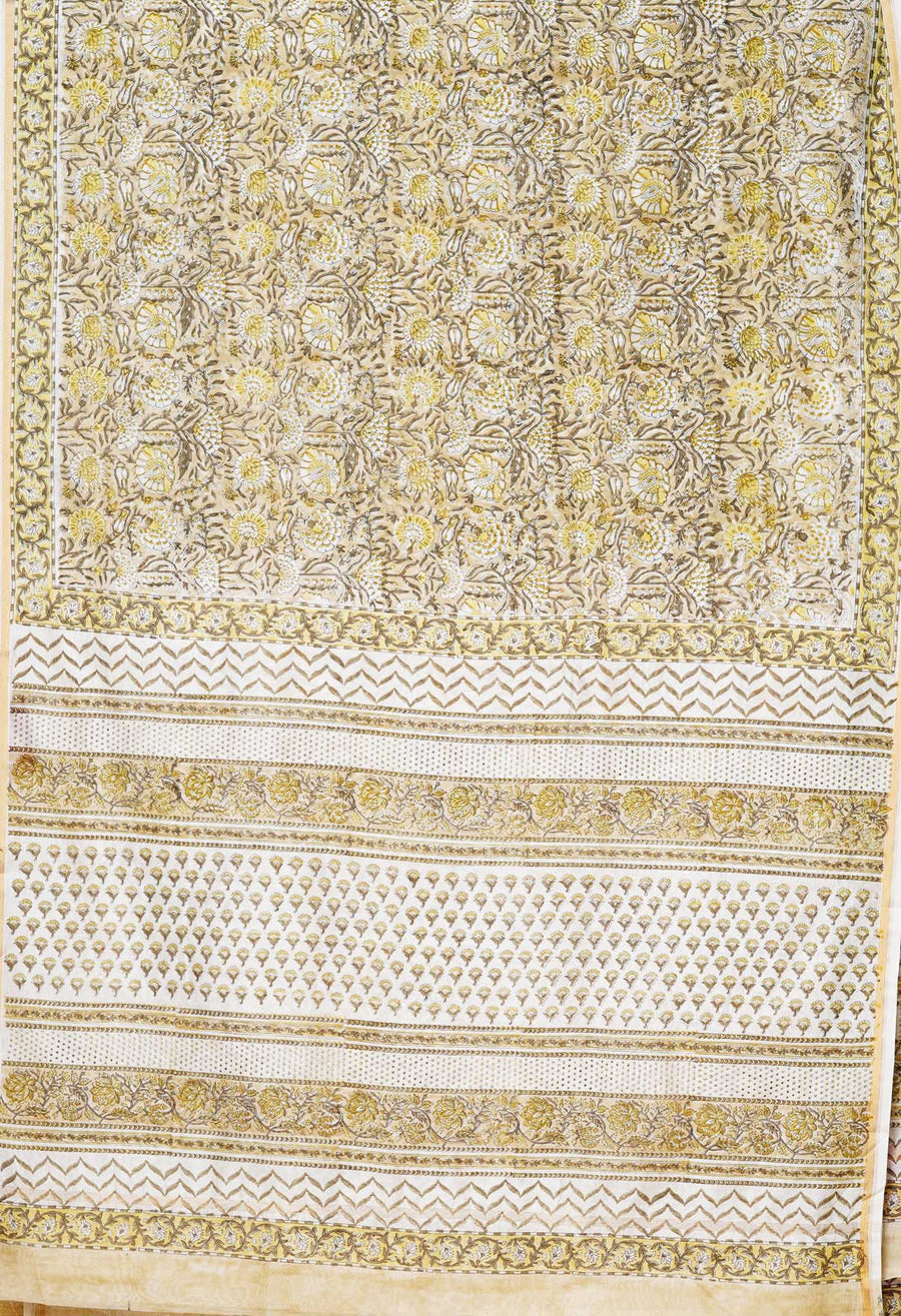 Pastel Brown Pure Hand Block Printed Chanderi Sico Saree-UNM77948 - Pehnaawaa