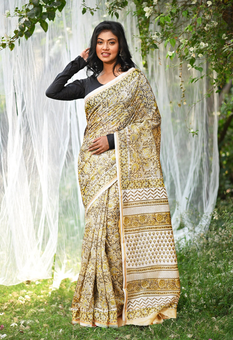 Pastel Brown Pure Hand Block Printed Chanderi Sico Saree-UNM77948 - Pehnaawaa