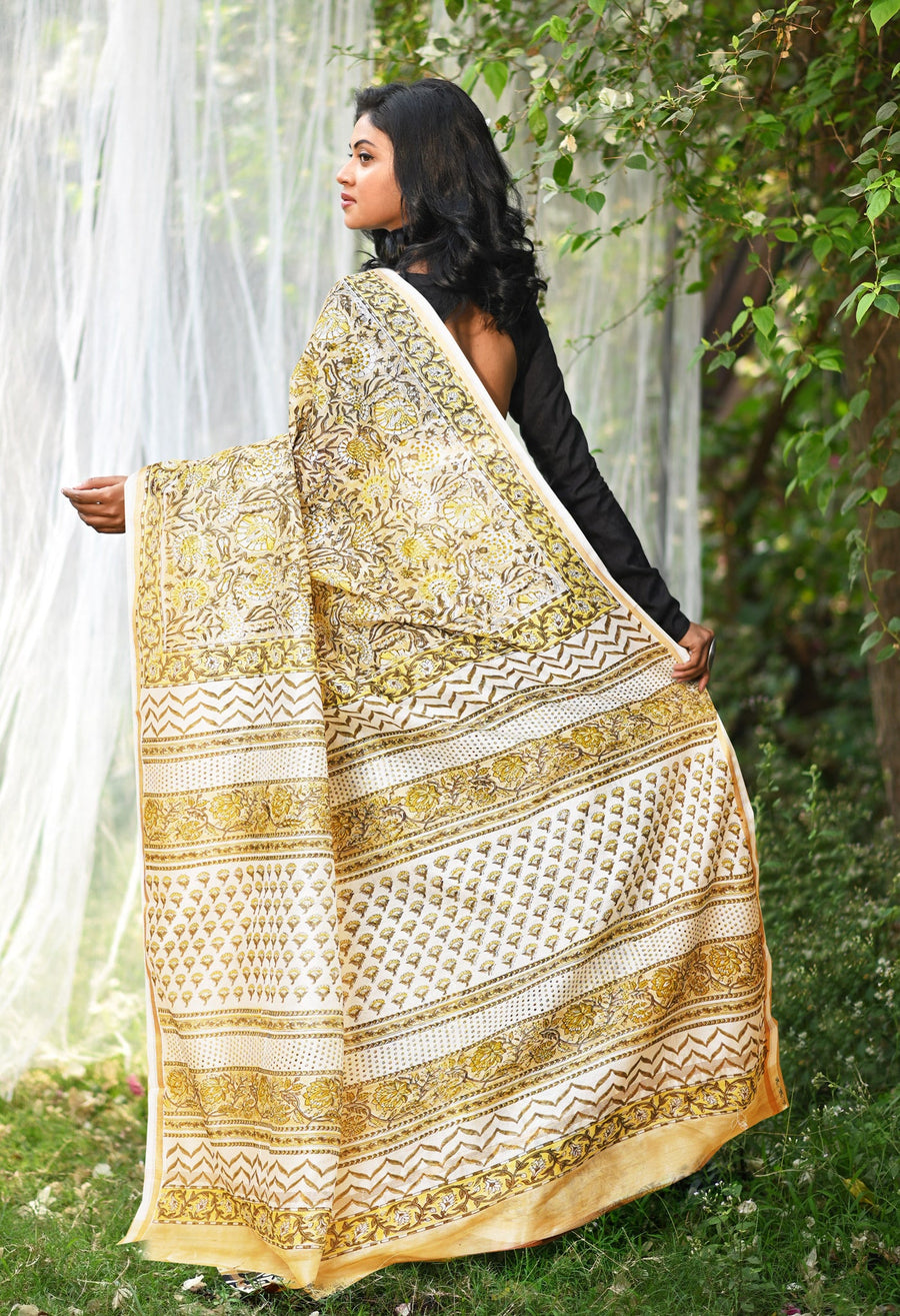 Pastel Brown Pure Hand Block Printed Chanderi Sico Saree-UNM77948 - Pehnaawaa