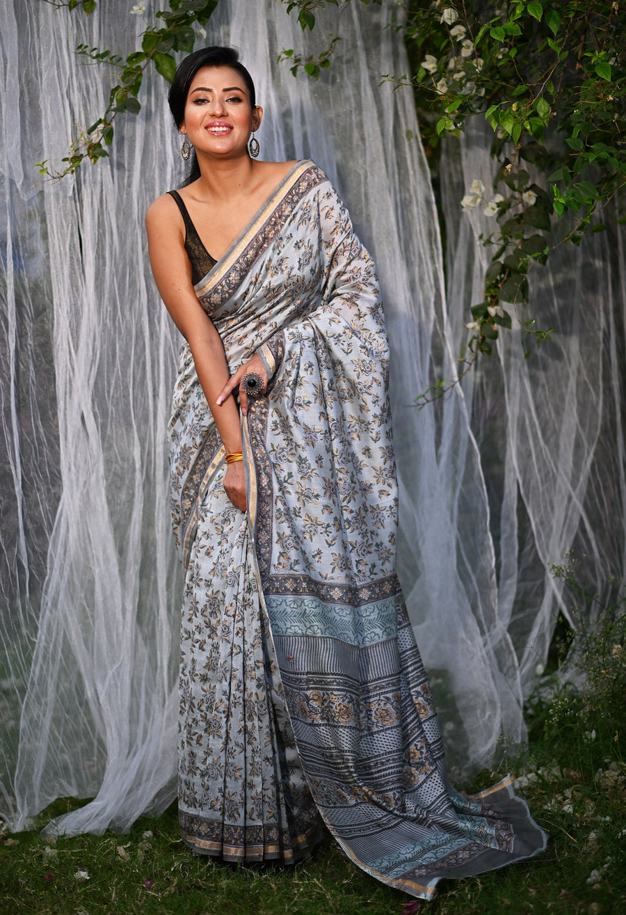 Grey Pure Hand Block Printed Chanderi Sico Saree-UNM79360 - Pehnaawaa