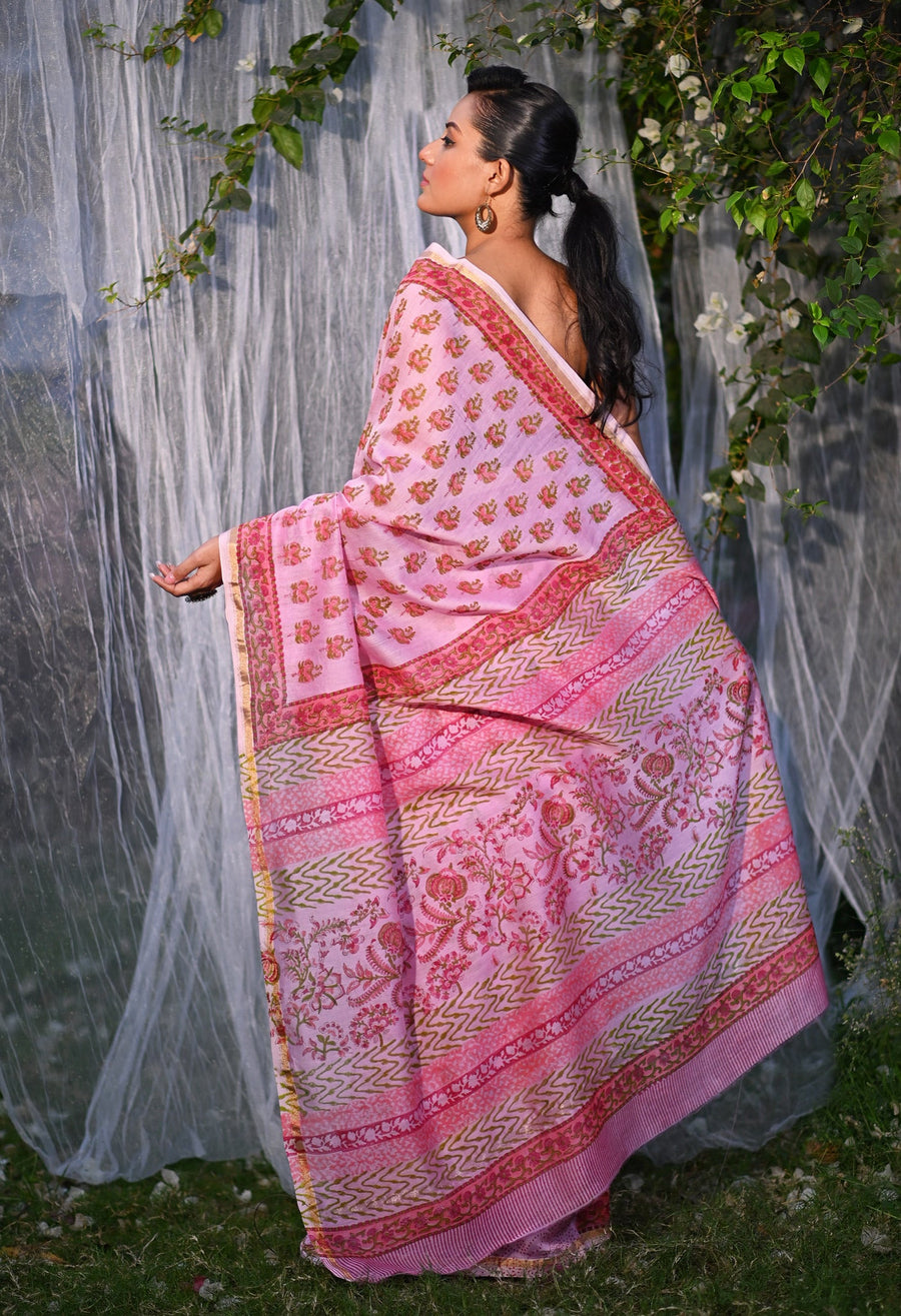 Pink Pure Hand Block Printed Chanderi Sico Saree-UNM79373 - Pehnaawaa