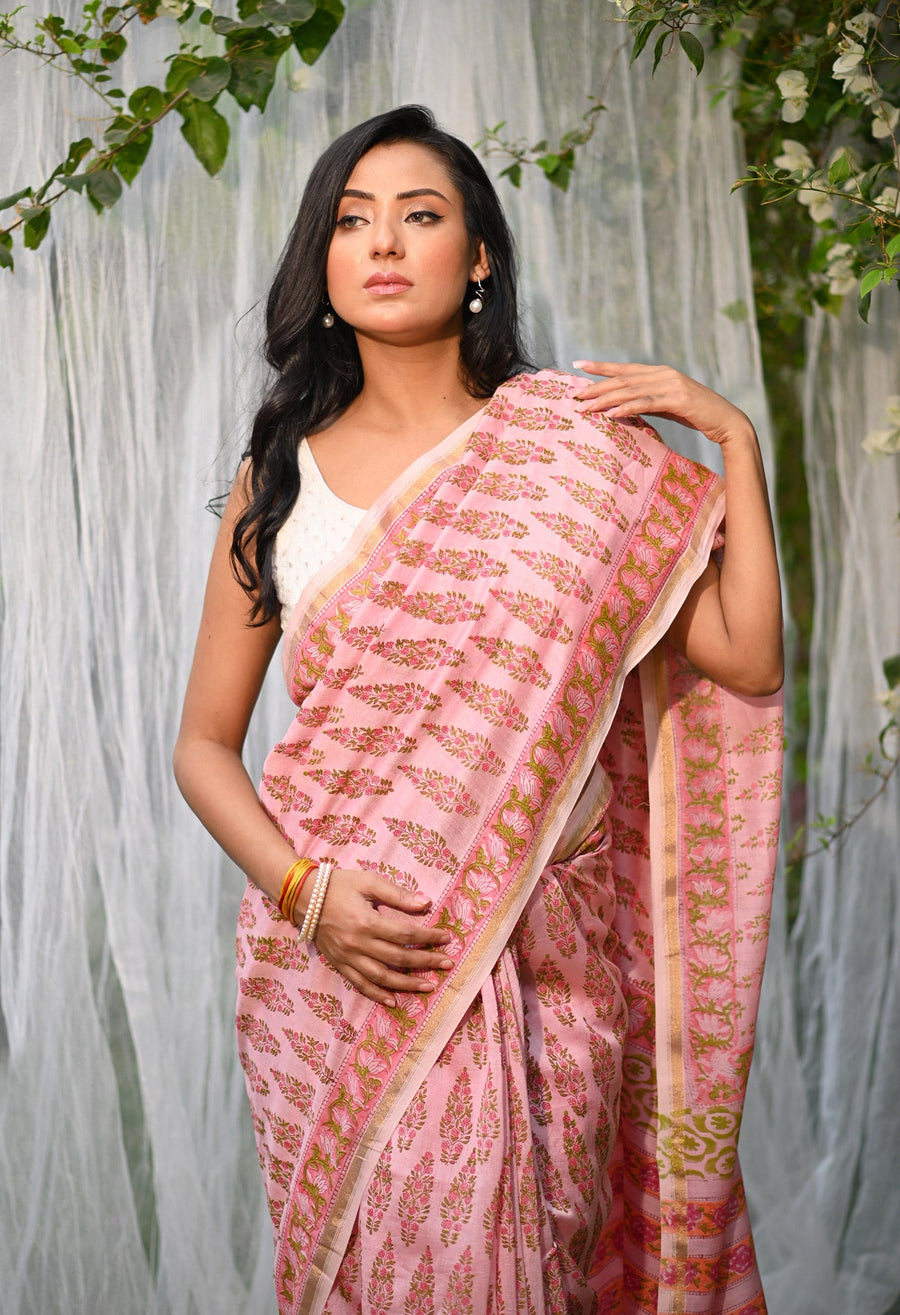 Pink Pure Hand Block Printed Chanderi Sico Saree-UNM79375 - Pehnaawaa