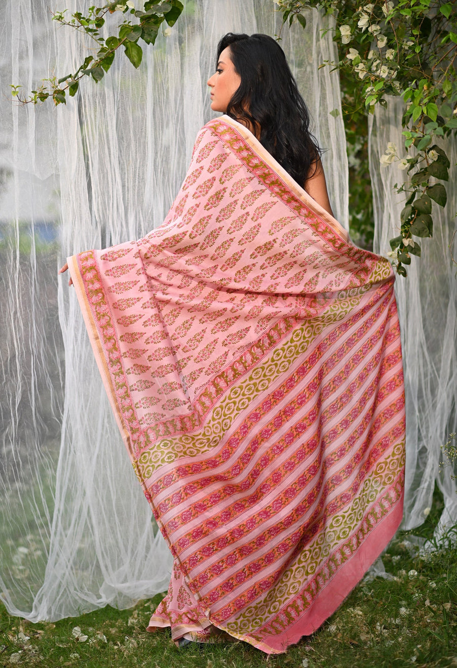 Pink Pure Hand Block Printed Chanderi Sico Saree-UNM79375 - Pehnaawaa