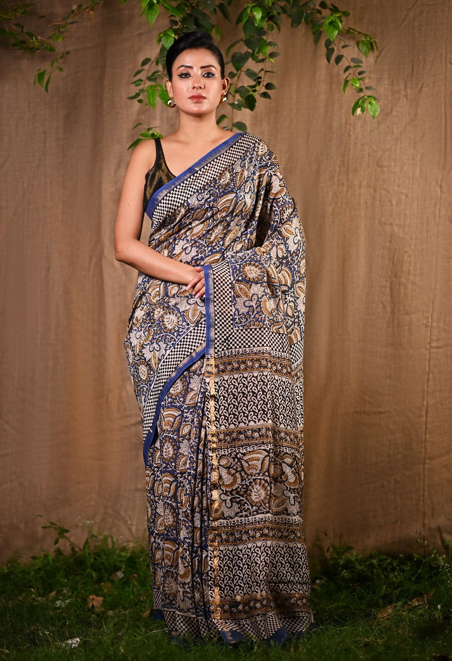 Blue Pure Bagru Kalamkari Printed Chanderi Sico Saree-UNM79911 - Pehnaawaa