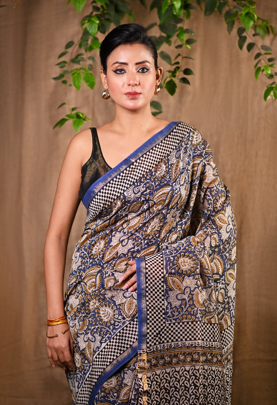 Blue Pure Bagru Kalamkari Printed Chanderi Sico Saree-UNM79911 - Pehnaawaa