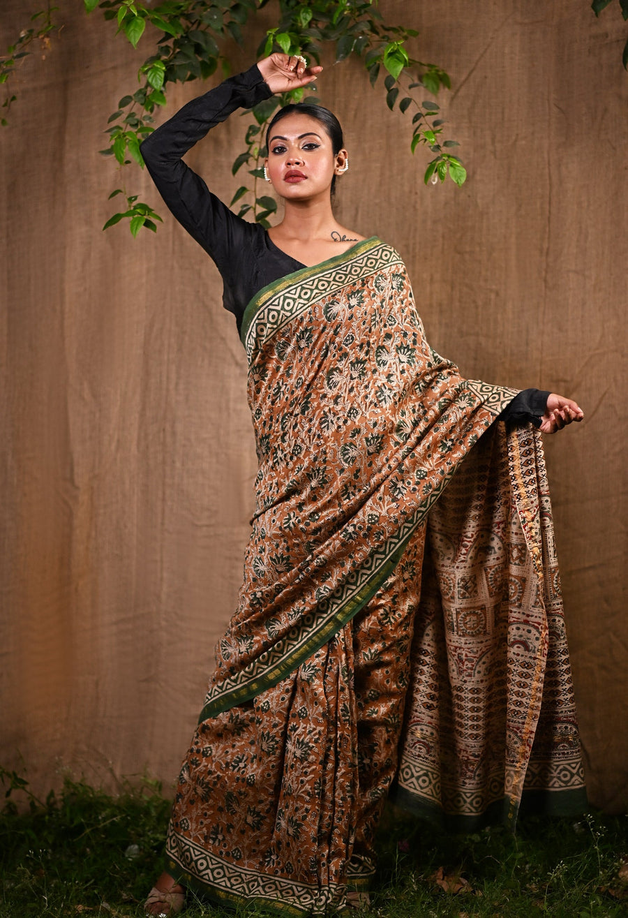 Brown Pure Bagru Kalamkari Printed Chanderi Sico Saree-UNM79918 - Pehnaawaa