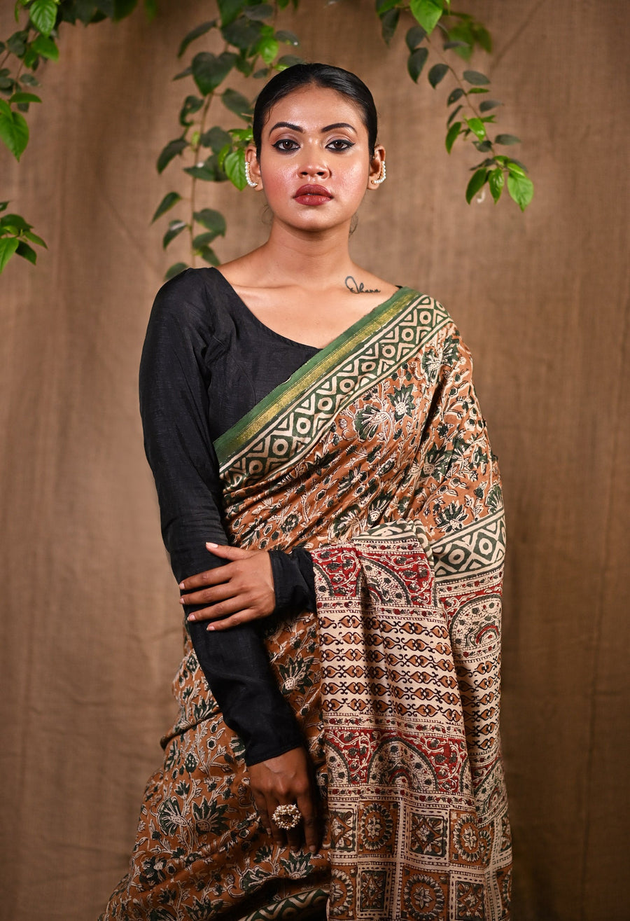 Brown Pure Bagru Kalamkari Printed Chanderi Sico Saree-UNM79918 - Pehnaawaa