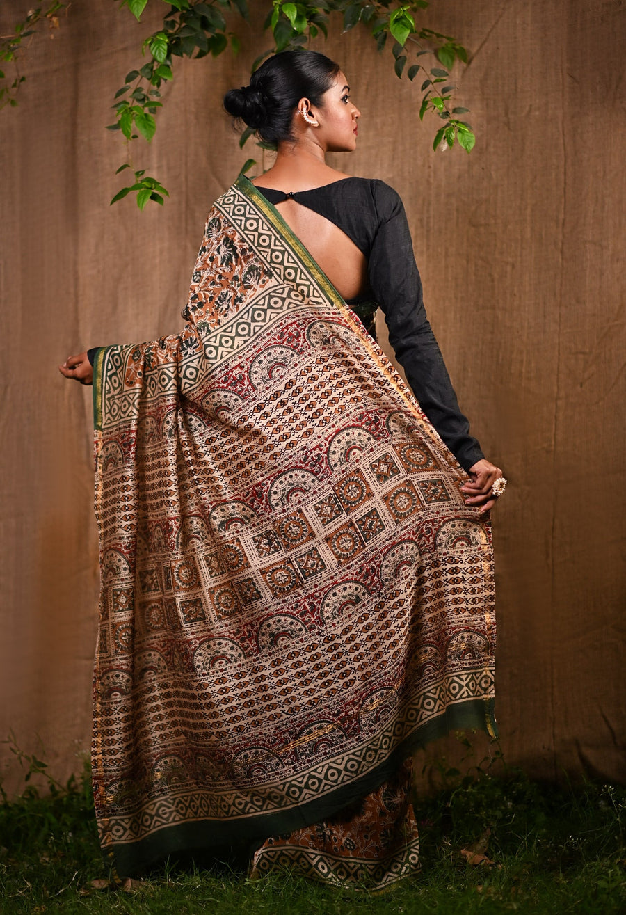 Brown Pure Bagru Kalamkari Printed Chanderi Sico Saree-UNM79918 - Pehnaawaa