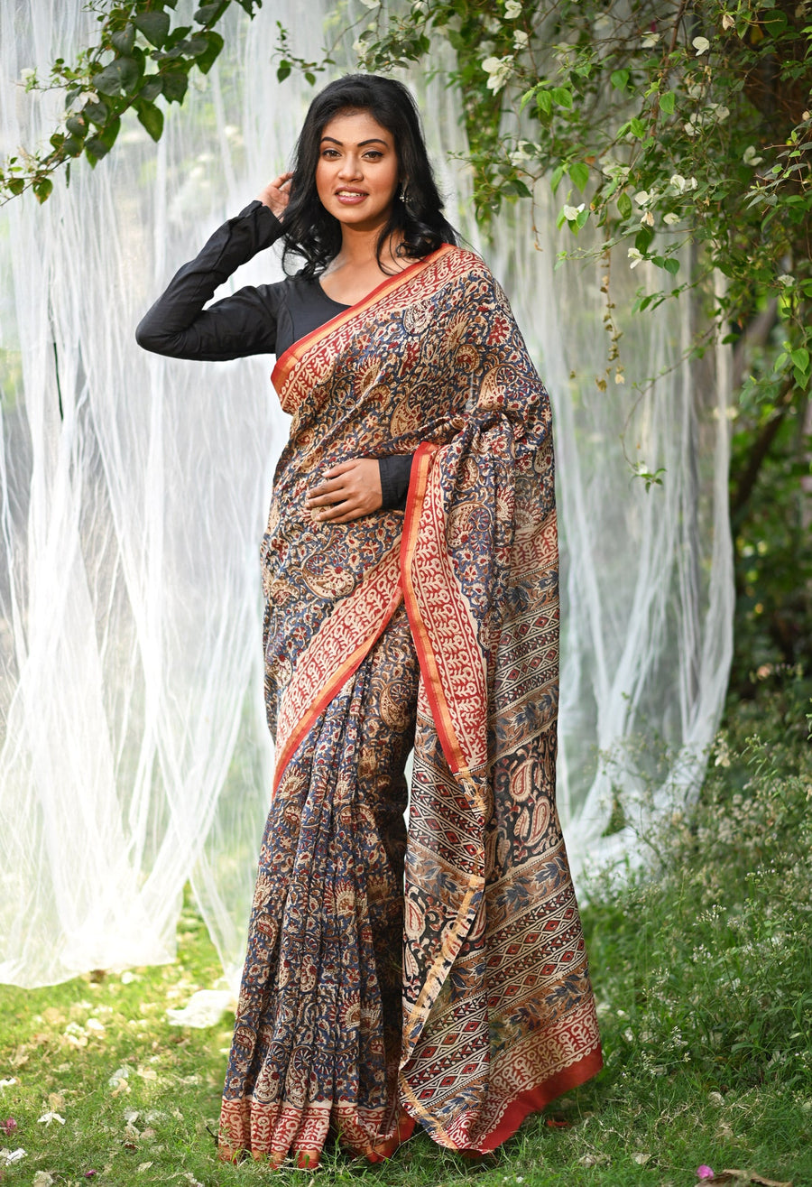 Blue Pure Bagru Kalamkari Printed Chanderi Sico Saree-UNM79919 - Pehnaawaa
