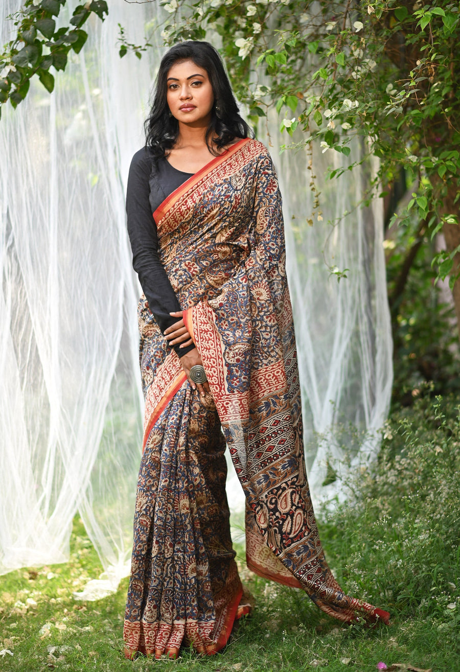 Blue Pure Bagru Kalamkari Printed Chanderi Sico Saree-UNM79919 - Pehnaawaa