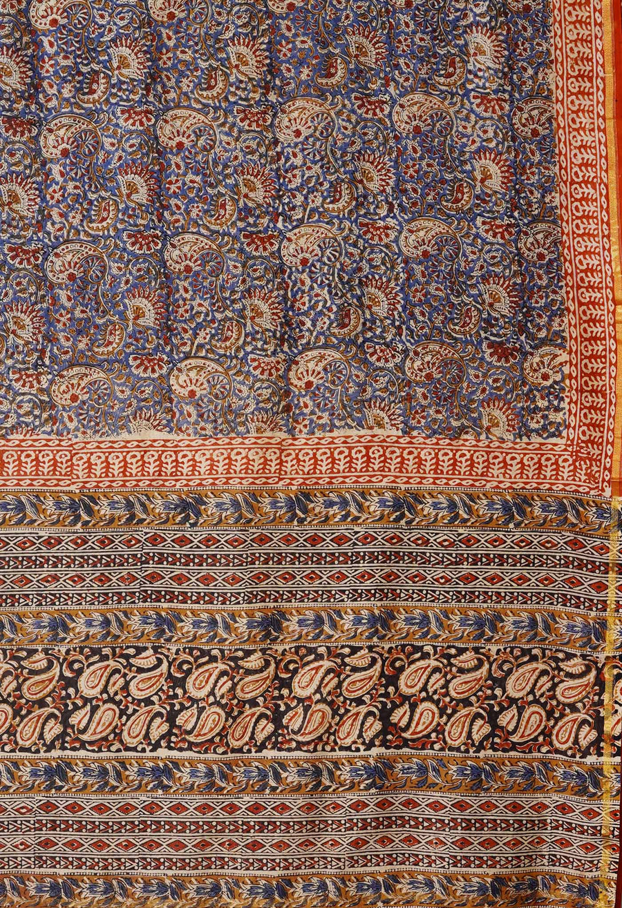 Blue Pure Bagru Kalamkari Printed Chanderi Sico Saree-UNM79919 - Pehnaawaa