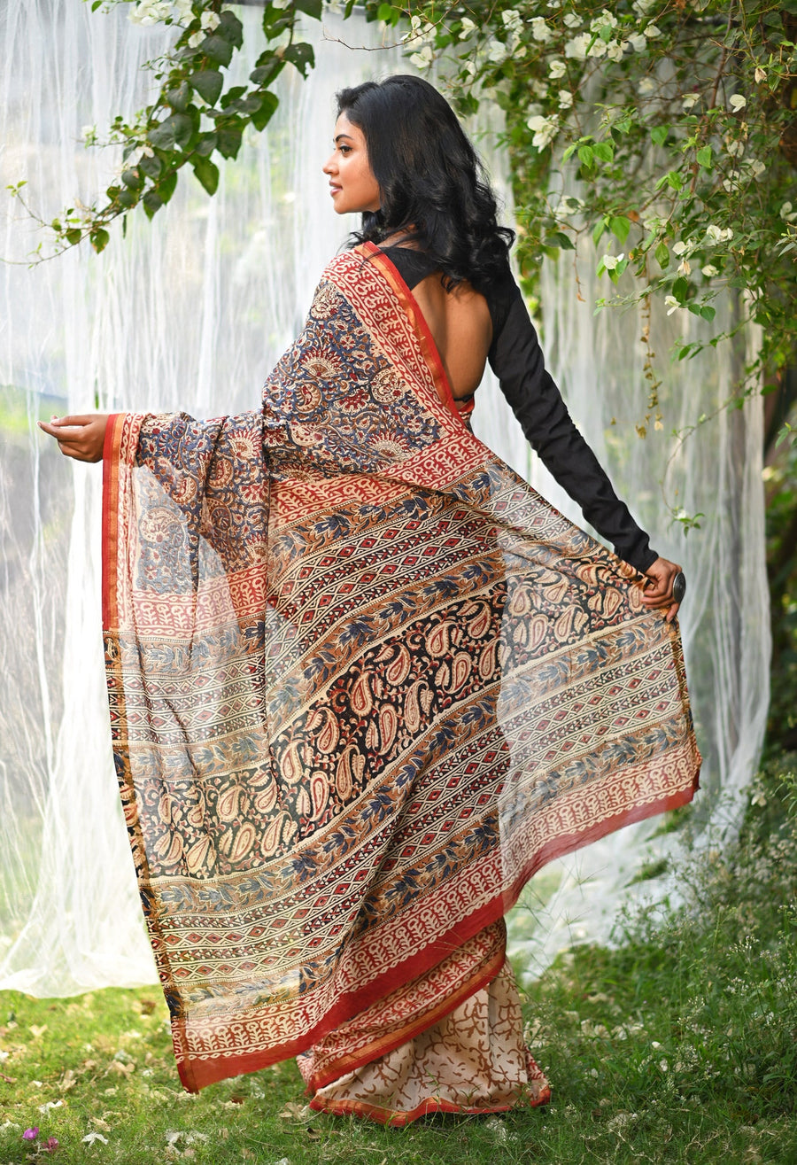 Blue Pure Bagru Kalamkari Printed Chanderi Sico Saree-UNM79919 - Pehnaawaa
