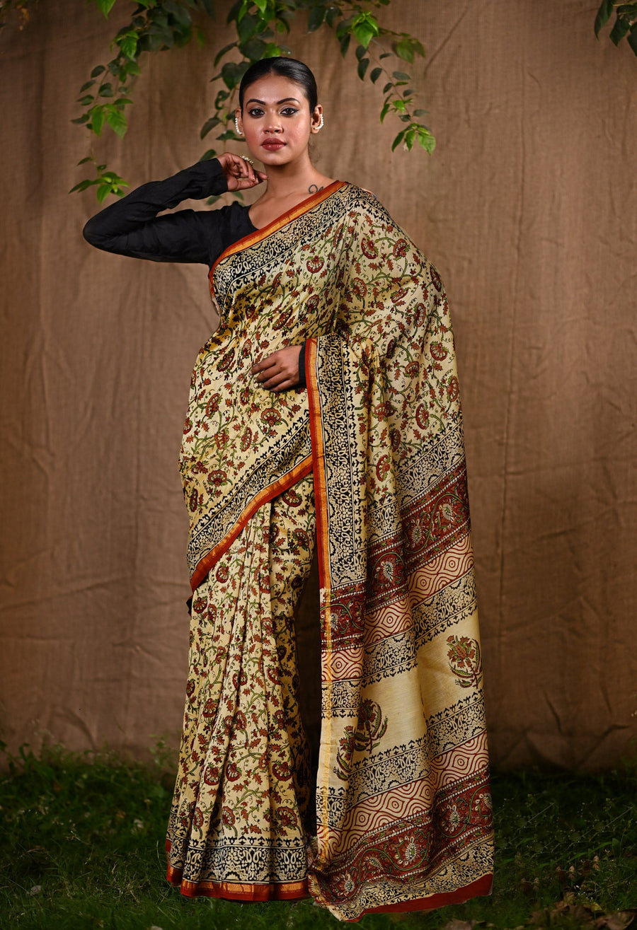 Cream Pure  Bagru Kalamkari Printed Chanderi Sico Saree-UNM80243 - Pehnaawaa