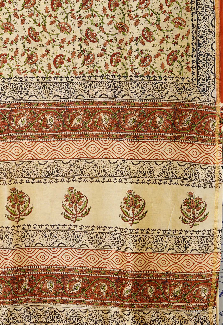 Cream Pure  Bagru Kalamkari Printed Chanderi Sico Saree-UNM80243 - Pehnaawaa