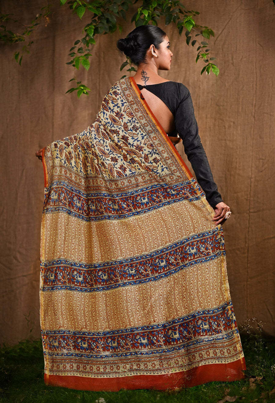 Cream Pure  Bagru Kalamkari Printed Chanderi Sico Saree-UNM80249 - Pehnaawaa