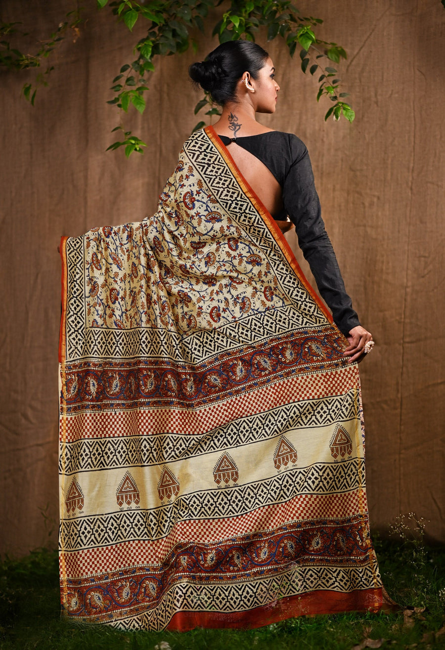 Cream Pure  Bagru Kalamkari Printed Chanderi Sico Saree-UNM80254 - Pehnaawaa