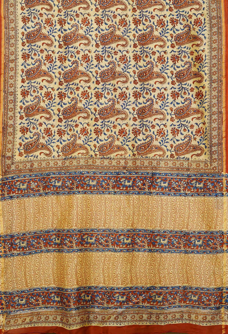 Cream Pure  Bagru Kalamkari Printed Chanderi Sico Saree-UNM80258 - Pehnaawaa