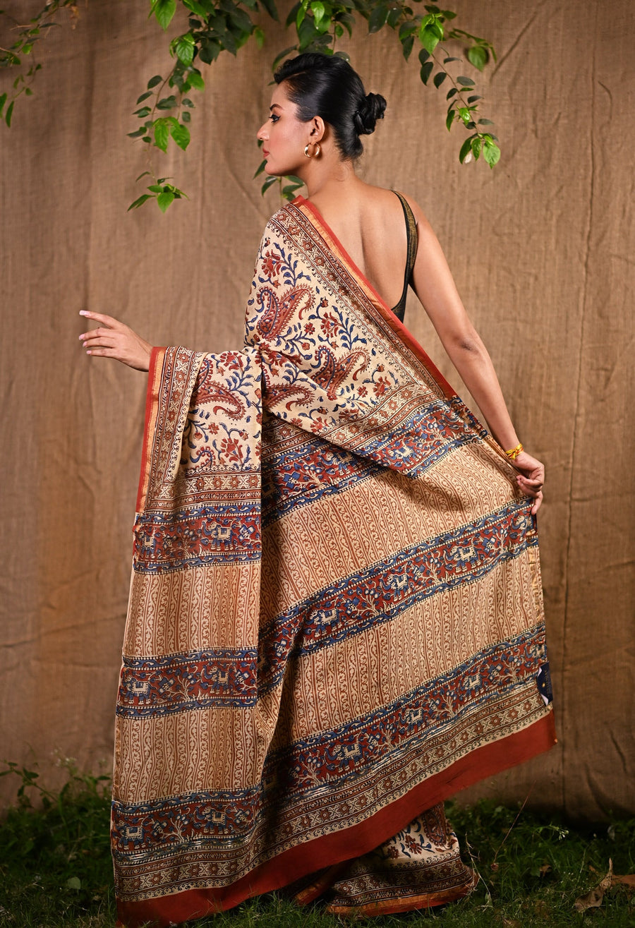 Cream Pure  Bagru Kalamkari Printed Chanderi Sico Saree-UNM80258 - Pehnaawaa