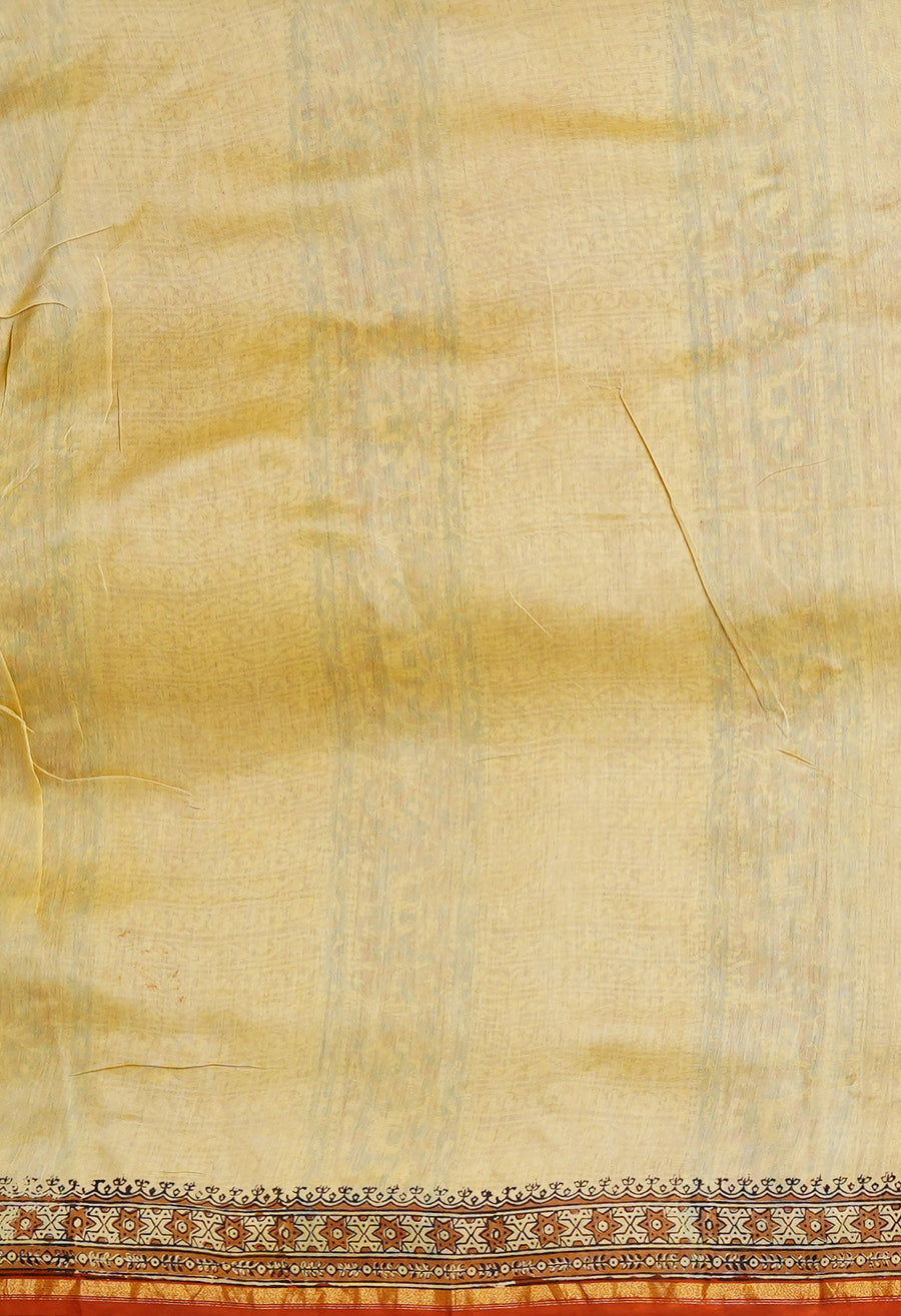 Cream Pure  Bagru Kalamkari Printed Chanderi Sico Saree-UNM80258 - Pehnaawaa